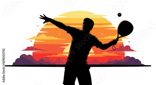 Silhouette of a padel tennis player hitting a shot against a vibrant sunset with a cloudy sky, capturing the dynamic energy of the sport