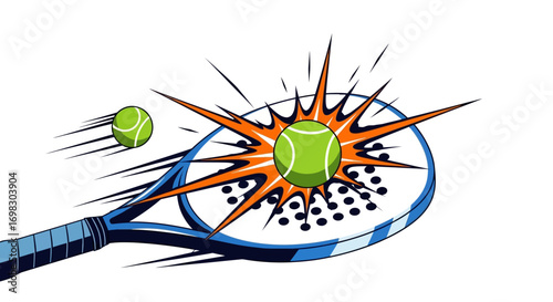 Dynamic illustration of a tennis ball making explosive contact with a tennis racket, captured in a moment of intense sporting action with a vibrant burst of energy emanating from the impact point