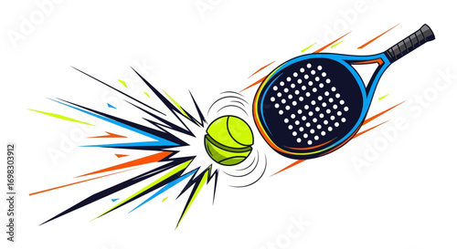 Dynamic Illustration of a Tennis Ball Exploding with Energy and Motion as it Hits a Racket with Streaks of Light and Color Against a White Background