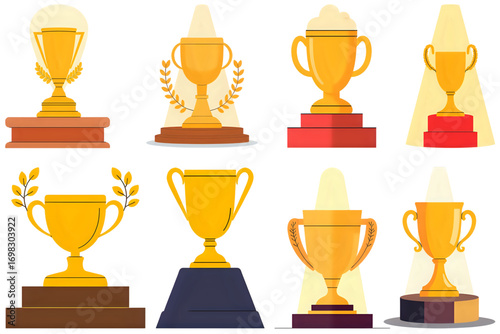 set of golden cups, gold trophy cup. gold cup with laurel. gold cup with laurel wreath.  Golden trophy displayed on a velvet podium under dramatic spotlight, symbolizing achievement and excellence. - 