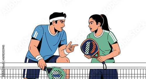 A man and woman are talking on a sports court, holding their rackets, discussing a strategy before or after a game