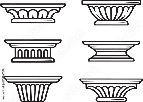 Collection of six different architectural column capitals isolated on white background