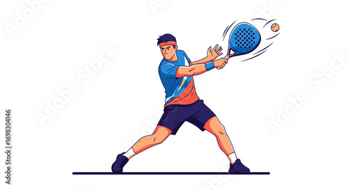 Dynamic illustration of a male athlete in mid-action hitting a paddleball with intense focus and athletic prowess, capturing the thrill of a competitive match