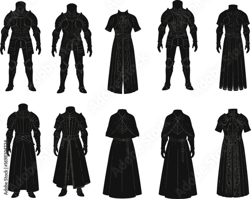 Medieval fantasy armor and robe set, black silhouette collection of warrior outfits, knight suits, magic cloaks, RPG costume design elements