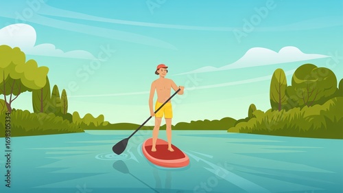 Serene digital illustration of a man stand-up paddleboarding on a calm river, enjoying the tranquil waters and natural beauty under a clear sky