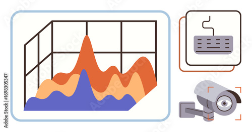 Colorful 3D line graph with peaks, computer keyboard, security camera icon suggesting technology, analytics, and surveillance. Ideal for data analysis, monitoring, security, tech business AI
