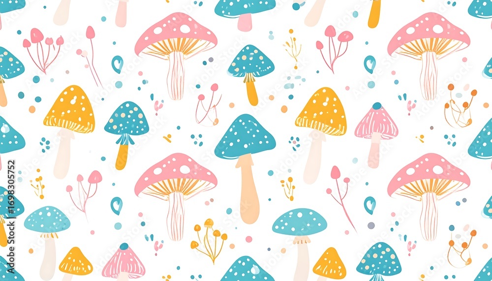 Delightful mushroom forest in seamless repeating pattern for textiles Delightful mushroom forest in seamless repeating pattern for textiles