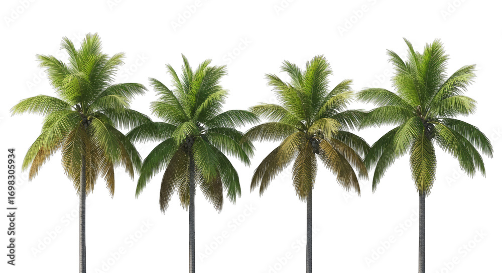 Fototapeta premium Row of Four Palm Trees tropical nature isolated on a transparent background