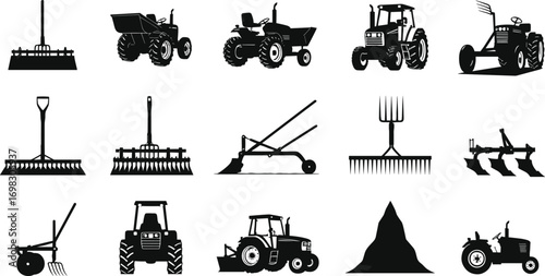 Collection of agriculture and farming equipment silhouettes including tractors, rakes, plows, and tools for field work, harvesting, and soil preparation.