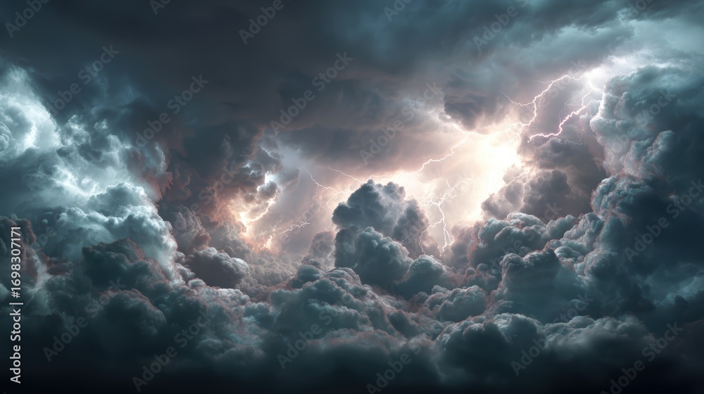 Obraz premium Thunderstorm's Embrace: Witness the awesome power of nature's fury as lightning illuminates a dramatic and ominous thunderstorm, a breathtaking display of raw energy and ethereal beauty.