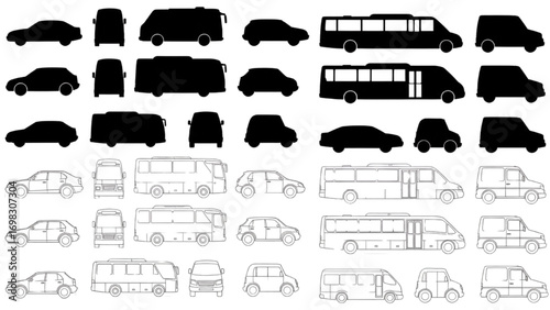 CAD Vehicle Drawings | Car, Bus, Minibus Silhouettes and Outlines | Top and Side View Vector Set