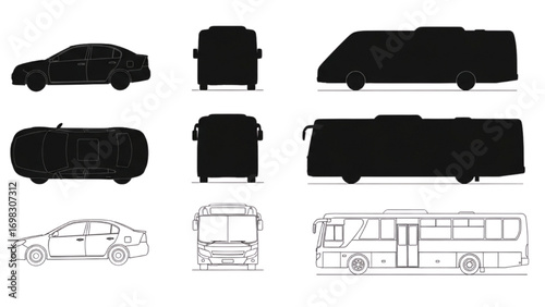 CAD Vehicle Drawings | Car, Bus, Minibus Silhouettes and Outlines | Top and Side View Vector Set
