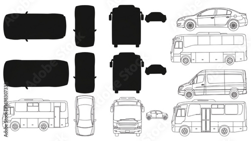 CAD Vehicle Drawings | Car, Bus, Minibus Silhouettes and Outlines | Top and Side View Vector Set