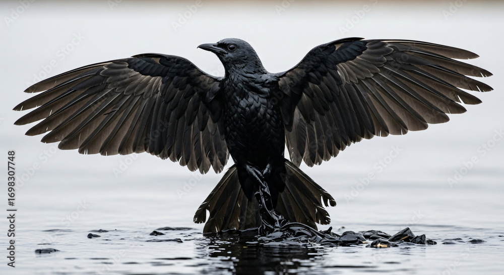 Obraz premium Crow. A bird covered in oil on a polluted beach with an oil slick. Environmental disaster due to oil spill and ocean contamination footage.
