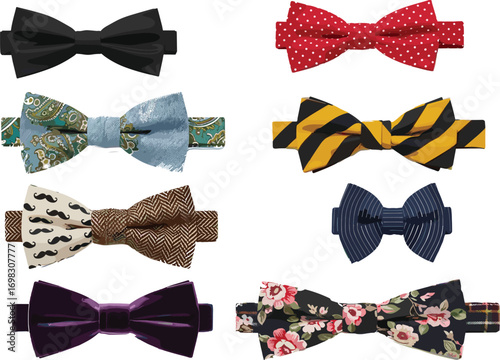 Colorful collection of stylish bow ties, formal and casual neckwear accessories, fabric textures, fashion elements for men’s clothing and design