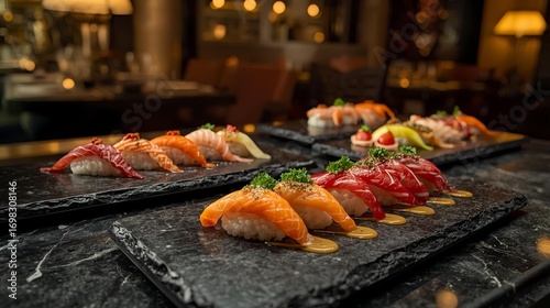 Elegant Assorted Sushi and Nigiri Platters in Fine Dining Restaurant Setting