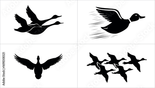 Four different silhouettes of ducks flying in various formations isolated on white background