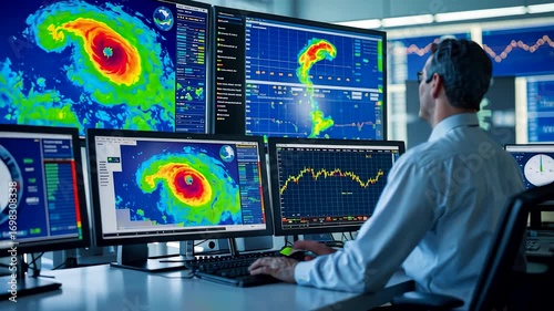 Meteorologist Analyzing Hurricane Data on Multiple Screens in a Control Room