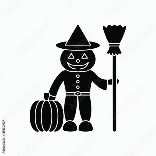 Halloween Pumpkin Man Scarecrow Witch Broom Spooky Holiday Design Vector Illustration