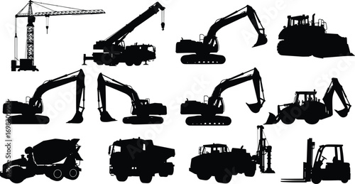 Construction vehicles silhouettes set, excavators, cranes, bulldozers, cement mixer, trucks, heavy machinery, industrial equipment, building site vector illustration.