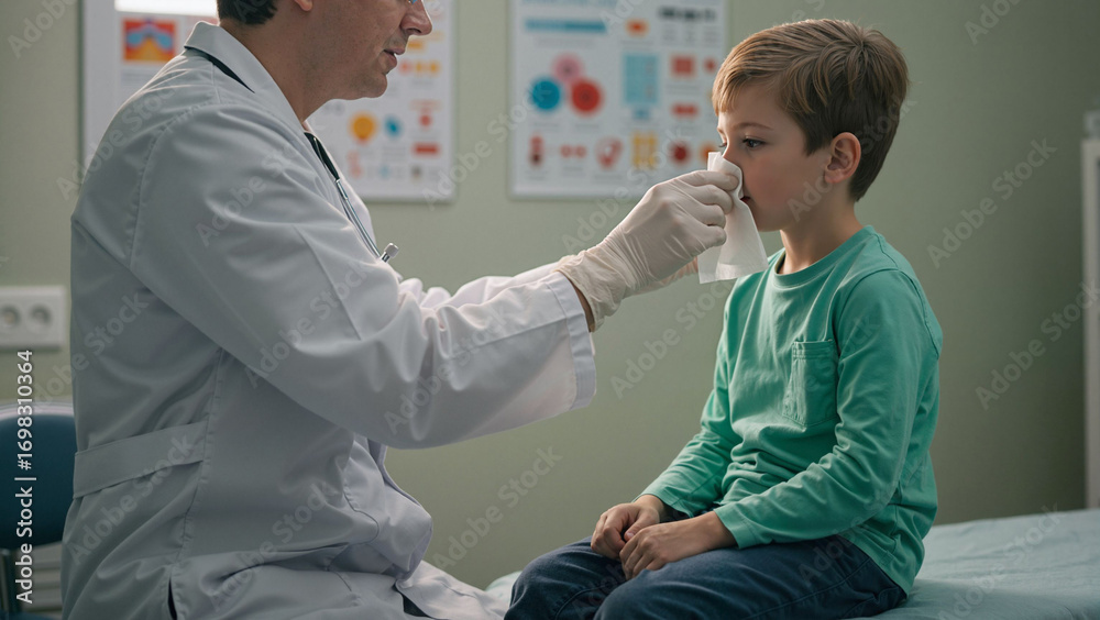Obraz premium Doctor assisting child with cold symptoms in pediatric clinic, healthcare and wellness