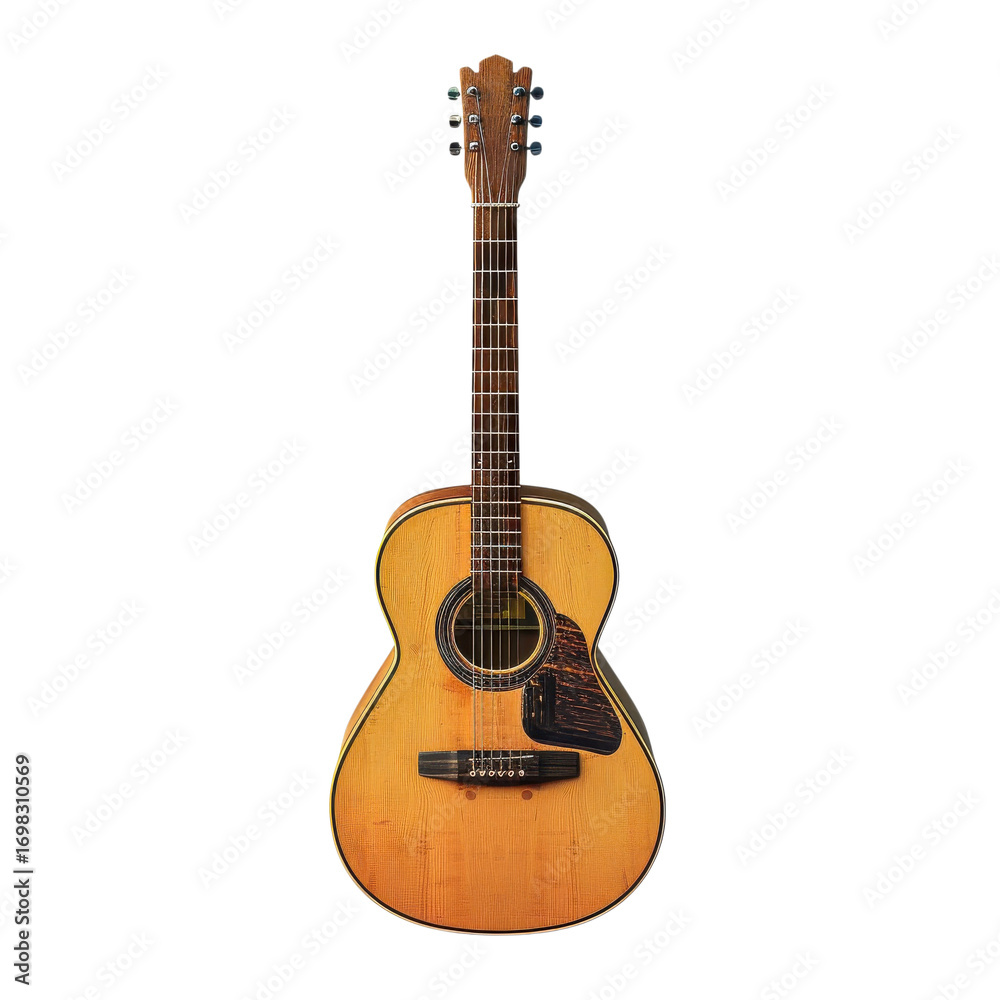 Obraz premium Beautiful acoustic guitar showcasing intricate craftsmanship and natural wood grain in a well-lit studio setting