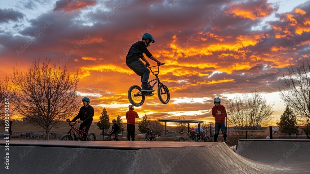 Naklejka premium BMX Rider Soars Through Vibrant Sunset at Urban Skatepark