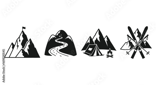 Stylized mountain landscapes and outdoor adventure icons featuring peaks trails and ski equipment vector