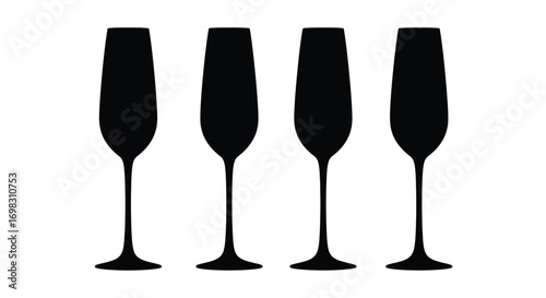 Four tall elegant black champagne flutes silhouettes isolated on vector