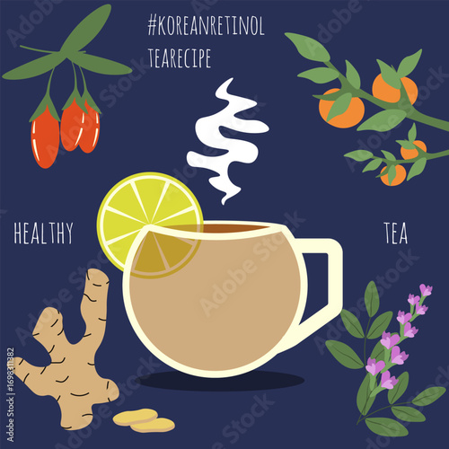 Korean Retinol Tea recipe. Vector illustration with cup of hot Korean Retinol Tea with goji berries, persimmons, licorice, lemon and ginger. Perfect cafe menu social media web poster banner . EPS 10