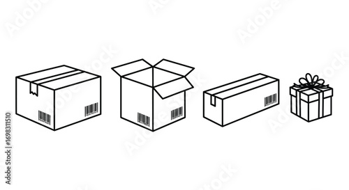 Collection of shipping boxes and gift box in simple line art style vector
