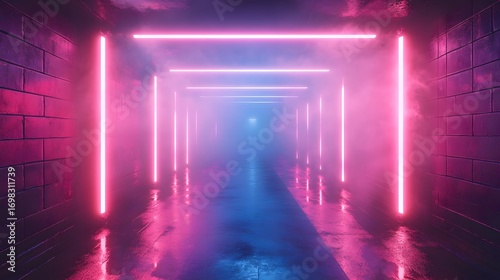 A long corridor glows with a surreal and inviting luminescence created by vibrant pink and blue neon lights, enhanced by a soft, hazy fog effect throughout.