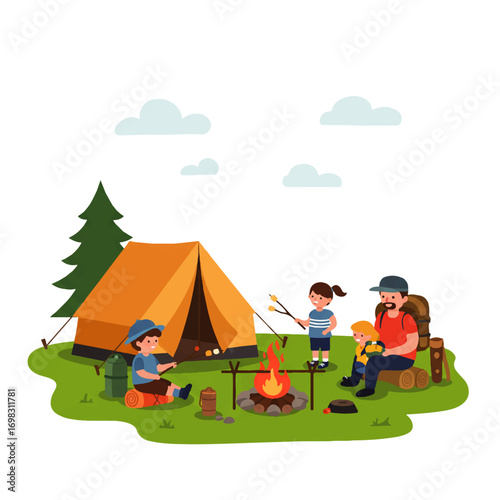 A family enjoys a camping trip, roasting marshmallows around a campfire near their orange tent in a grassy outdoor setting.