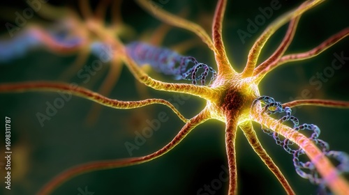 A detailed artistic rendering of a neuron with bright yellow soma emitting light filaments,