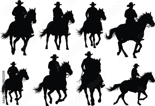 Cowboy silhouette riding horse vector, wild west horseback illustration, horse rider clipart, western cowboy set, black horse silhouette