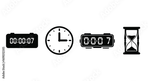 Four distinct timekeeping devices including digital clocks and hourglass showing elapsed time vector