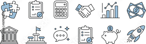 Business finance icon set, teamwork planning growth partnership, investment success strategy piggy bank money rocket launch outline flat style