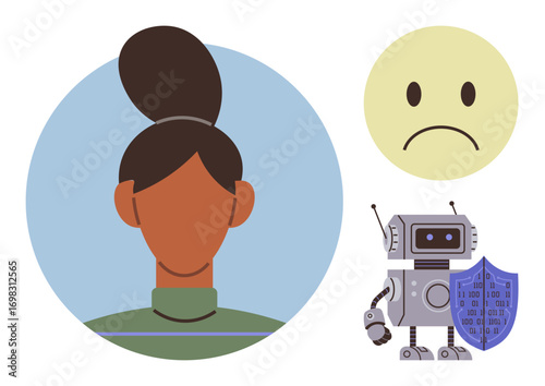 Portrait of a person alongside a robot with a shield and a sad-faced emoticon. Ideal for technology, AI ethics, emotion analysis, cybersecurity, human-robot communication, identity, data protection