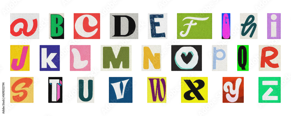 Fototapeta premium Artistic alphabet PNG set, colorful isolated collage letters for creative design