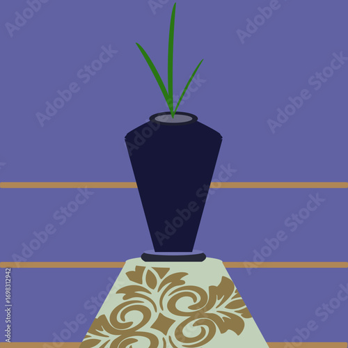 Decorative Thai-style vase with golden ornaments and plant. Ideal for cultural design, traditional decoration, and art projects.
