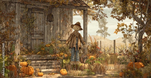 Rustic Scarecrow Guardian of Autumn Harvest Farmhouse Porch.