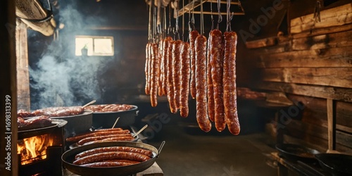Rows of cured sausages hanging on hooks in a rustic- traditional smokehouse- evoking rich- smoky flavors and traditional culinary practices of preserving meat