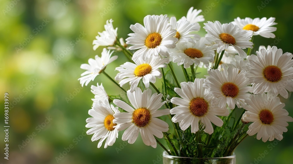 Obraz premium A bouquet of white daisy-like flowers with yellow centers in a transparent glass vase,