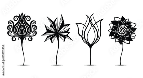 Set of four hand drawn artistic sketch style flowers diverse botanical silhouettes organic shapes vector