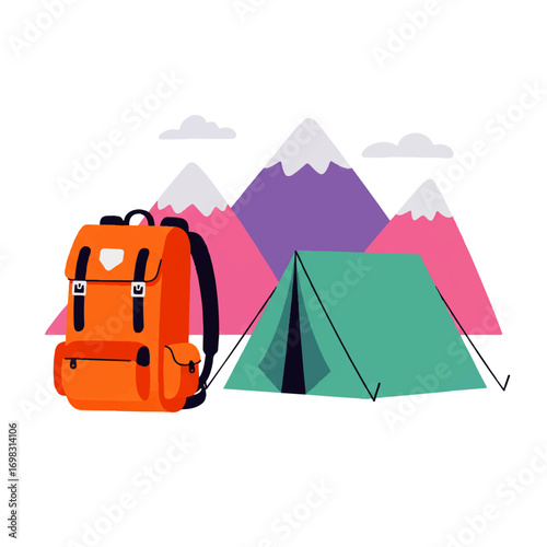 Illustration of a camping scene featuring a bright orange backpack, a green tent, and colorful mountains with snow-capped peaks against a white background.