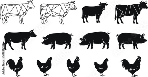 Farm animal silhouettes including cows, pigs, chickens, roosters, geometric and solid black style, livestock icons, rural farm life illustrations.