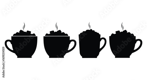 Four silhouette coffee cups filled with whipped cream and swirls of chocolate vector