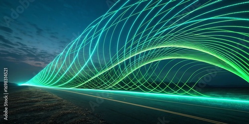 Futuristic abstract background with glowing green and blue light trails and digital patterns representing data flow