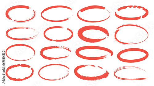 A collection of 15 hand-drawn oval highlighter marks in bright red ink against a pure white background.