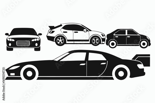Black and white car silhouettes collection various models front side view